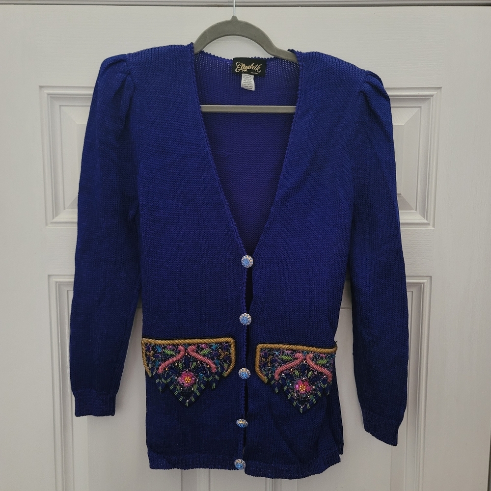 Elizabeth New York Womens Blue Beaded Sweater Cardigan Size Unknown Vintage 80s